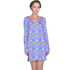 Blue And Green Birds Pattern Long Sleeve Nightdresses by LovelyDesigns4U