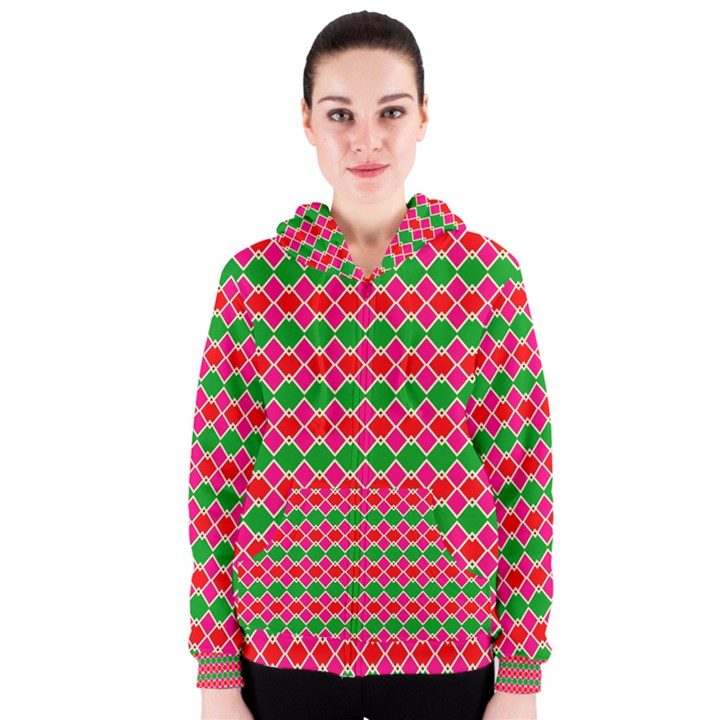 Red pink green rhombus pattern Women s Zipper Hoodie