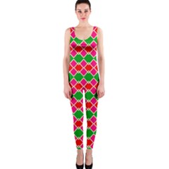 Red Pink Green Rhombus Pattern Onepiece Catsuit by LalyLauraFLM