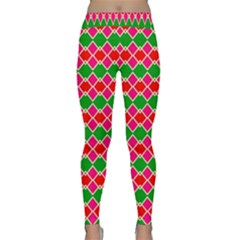 Red Pink Green Rhombus Pattern Yoga Leggings by LalyLauraFLM