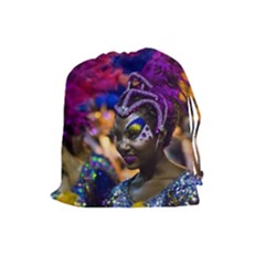 Costumed Attractive Dancer Woman At Carnival Parade Of Uruguay Drawstring Pouches (large)  by dflcprints