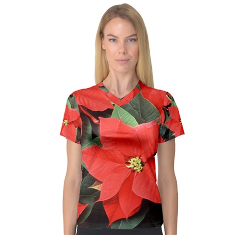 Poinsettia Women s V-neck Sport Mesh Tee by trendistuff