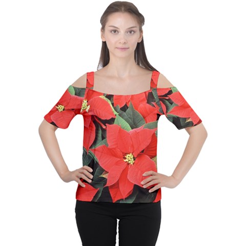 Poinsettia Women s Cutout Shoulder Tee by trendistuff