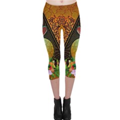 Surfing, Surfboard With Flowers And Floral Elements Capri Leggings by FantasyWorld7