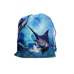 Awersome Marlin In A Fantasy Underwater World Drawstring Pouches (large)  by FantasyWorld7