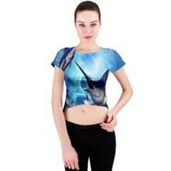 Awersome Marlin In A Fantasy Underwater World Crew Neck Crop Top by FantasyWorld7