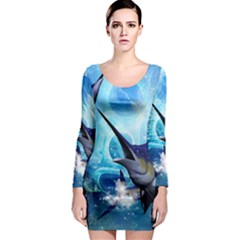 Awersome Marlin In A Fantasy Underwater World Long Sleeve Bodycon Dresses by FantasyWorld7