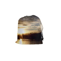 Setting Sun At Lake Drawstring Pouches (small)  by trendistuff