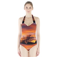 Orange Sunset Women s Halter One Piece Swimsuit by trendistuff