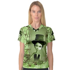 Cute Girl With Steampunk Hat And Floral Elements Women s V-neck Sport Mesh Tee