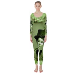 Cute Girl With Steampunk Hat And Floral Elements Long Sleeve Catsuit