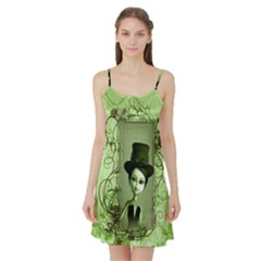 Cute Girl With Steampunk Hat And Floral Elements Satin Night Slip