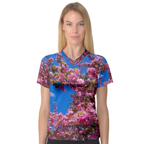 Pink Flowers Women s V-neck Sport Mesh Tee by trendistuff