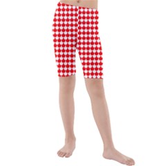 Red And White Scallop Repeat Pattern Kid s Mid Length Swim Shorts