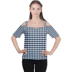 Navy And White Scallop Repeat Pattern Women s Cutout Shoulder Tee