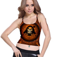 Awsome Skull With Roses And Floral Elements Spaghetti Strap Bra Tops