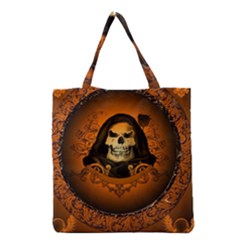 Awsome Skull With Roses And Floral Elements Grocery Tote Bags