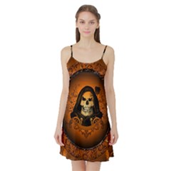 Awsome Skull With Roses And Floral Elements Satin Night Slip