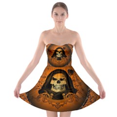 Awsome Skull With Roses And Floral Elements Strapless Bra Top Dress