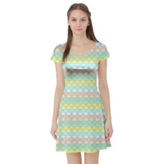 Scallop Repeat Pattern In Miami Pastel Aqua, Pink, Mint And Lemon Short Sleeve Skater Dresses by PaperandFrill