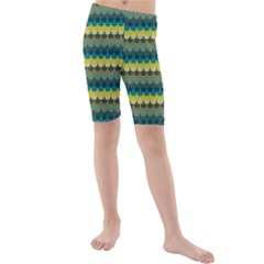 Scallop Pattern Repeat In  new York  Teal, Mustard, Grey And Moss Kid s Mid Length Swim Shorts