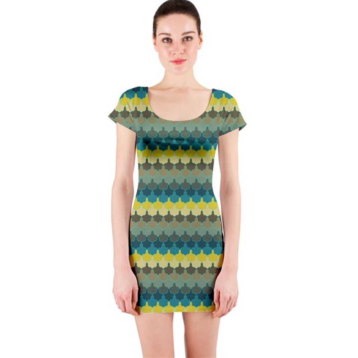 Scallop Pattern Repeat in  New York  Teal, Mustard, Grey and Moss Short Sleeve Bodycon Dresses