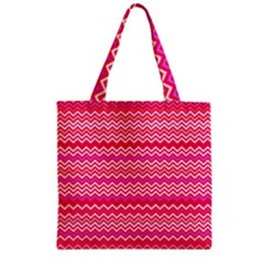 Valentine Pink And Red Wavy Chevron Zigzag Pattern Zipper Grocery Tote Bags