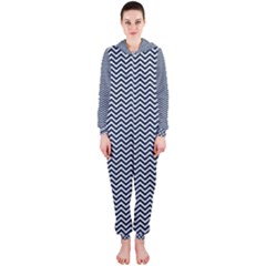 Blue And White Chevron Wavy Zigzag Stripes Hooded Jumpsuit (ladies)  by PaperandFrill