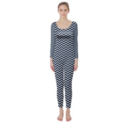 Blue And White Chevron Wavy Zigzag Stripes Long Sleeve Catsuit