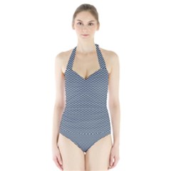 Blue And White Chevron Wavy Zigzag Stripes Women s Halter One Piece Swimsuit by PaperandFrill