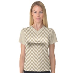 Gold And White Chevron Wavy Zigzag Stripes Women s V-neck Sport Mesh Tee