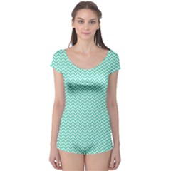 Tiffany Aqua And White Chevron Wavy Zigzag Stripes Short Sleeve Leotard