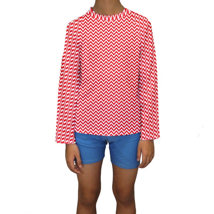 Red And White Chevron Wavy ZigZag Stripes Kid s Long Sleeve Swimwear