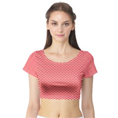 Red And White Chevron Wavy ZigZag Stripes Short Sleeve Crop Top