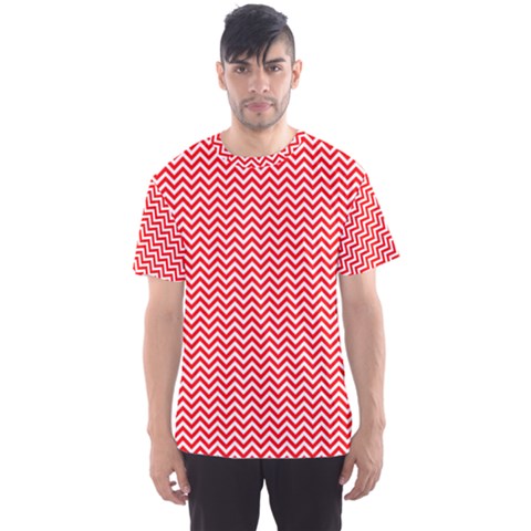 Red And White Chevron Wavy Zigzag Stripes Men s Sport Mesh Tees by PaperandFrill