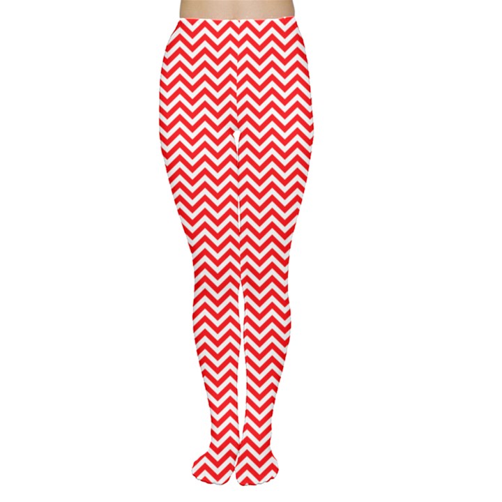 Red And White Chevron Wavy ZigZag Stripes Women s Tights