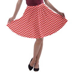 Red And White Chevron Wavy ZigZag Stripes A-line Skater Skirt