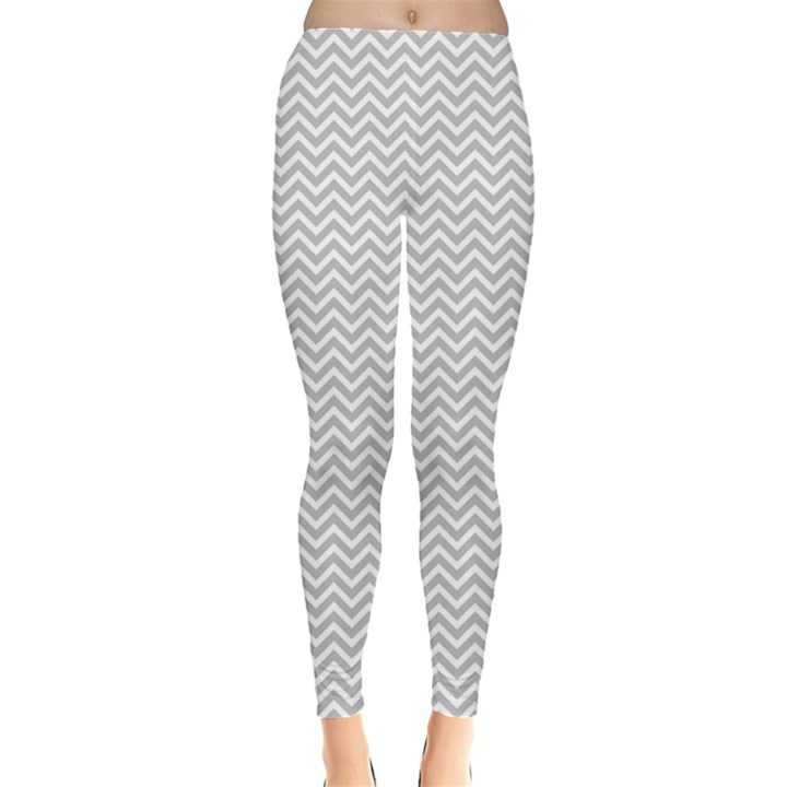 Silver and White Chevrons Wavy ZigZag Stripes Women s Leggings