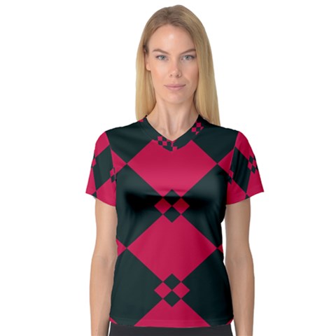 Black Pink Shapes Pattern Women s V-neck Sport Mesh Tee by LalyLauraFLM