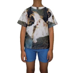 Calico Cat And White Kitty Kid s Short Sleeve Swimwear