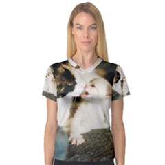 Calico Cat And White Kitty Women s V-neck Sport Mesh Tee