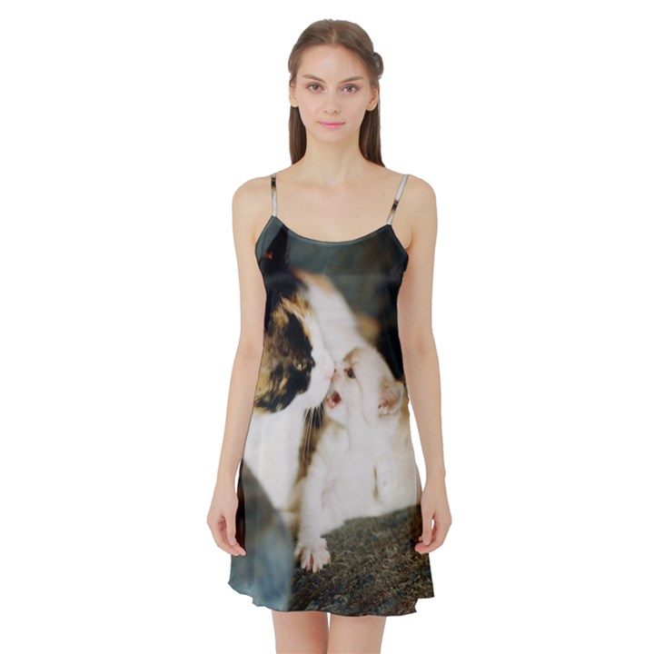 CALICO CAT AND WHITE KITTY Satin Night Slip