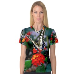 Butterfly Flowers 1 Women s V-neck Sport Mesh Tee