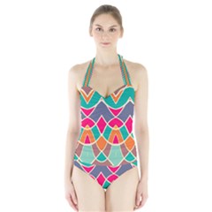 Wavy Design Women s Halter One Piece Swimsuit