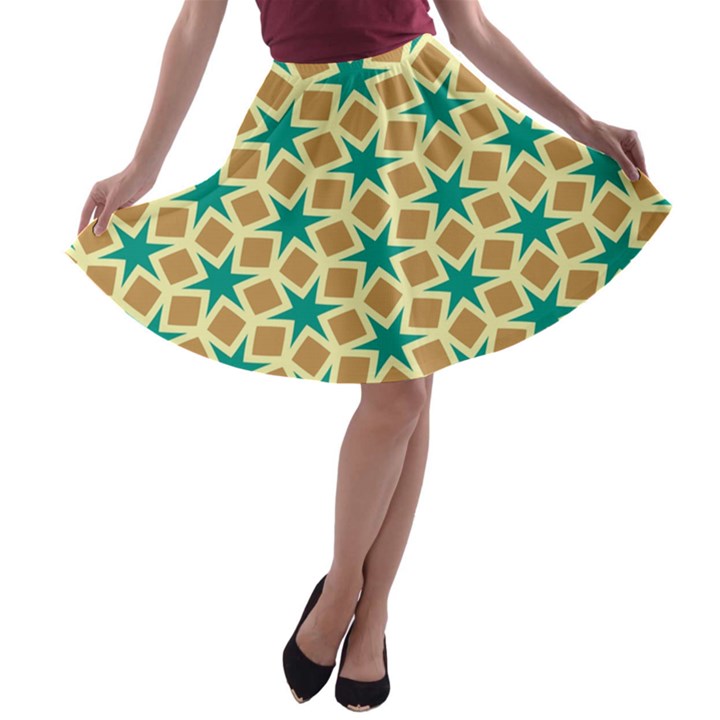 Stars and squares pattern A-line Skater Skirt