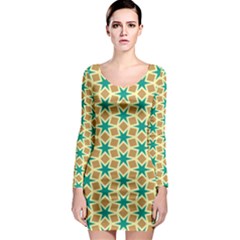 Stars And Squares Pattern Long Sleeve Bodycon Dress