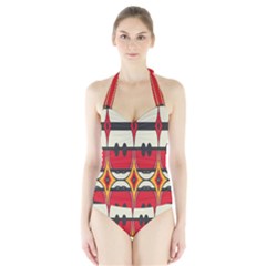 Rhombus Ovals And Stripes Women s Halter One Piece Swimsuit by LalyLauraFLM