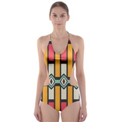 Rhombus And Stripes Pattern Cut-out One Piece Swimsuit