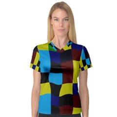 Distorted Squares In Retro Colors Women s V-neck Sport Mesh Tee