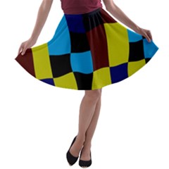 Distorted Squares In Retro Colors A-line Skater Skirt